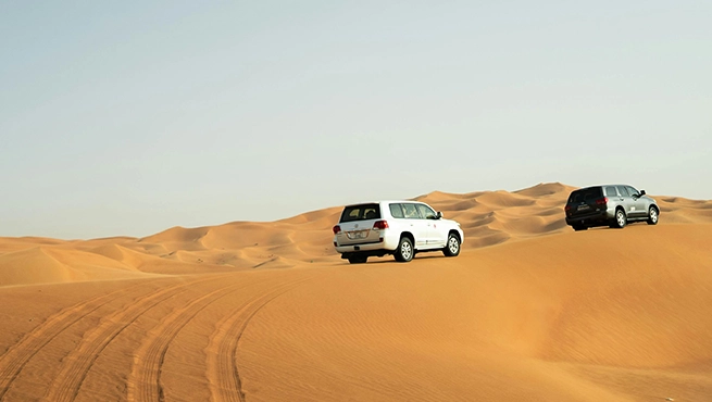Two cars driving through the desert with sand dunes